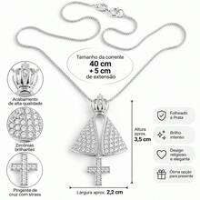 Colar Nossa Senhora Aparecida Folheado a Ouro com Zircônias Azuis e Pingente de Cruz Feminino - prata crucifixo - Visão 3