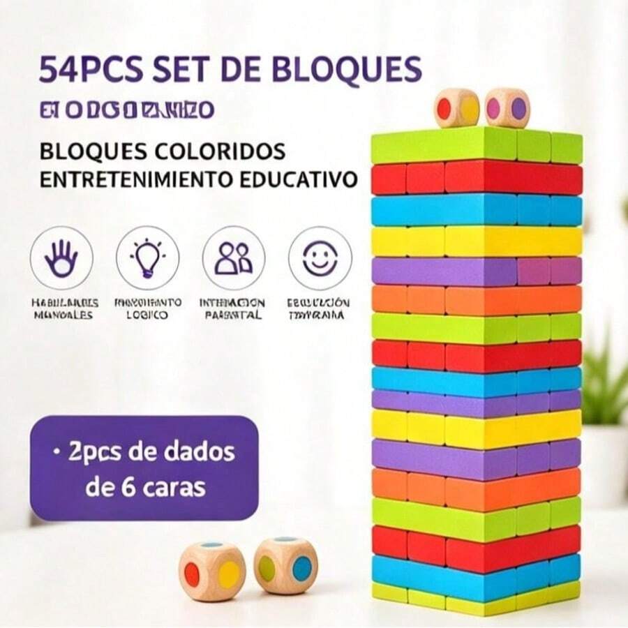 Jenga-Style Wooden Block Board Game, 54 Blocks - Multicolor - View 1