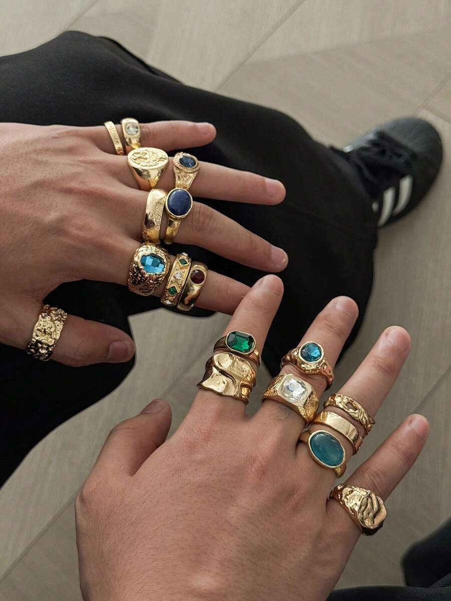 18pcs Vintage Street Punk Style Geometric Metal Ring Set, Inlaid With Multicolor Rhinestones, Men's Daily Casual Wear, Gift For Son, Father, Partner