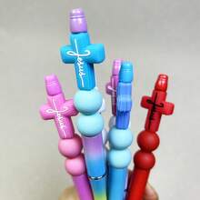 6Pcs Jesus Cross DIY Bead Pen Twist Ballpoint Pens Ideal For Class Study Notes Business Conference Recording, Essential Student Office Writing Supplies, Freely Add And Remove Color Beads As Personal Preference, Handmade Cross Bead Unique Barrel - A - View 7