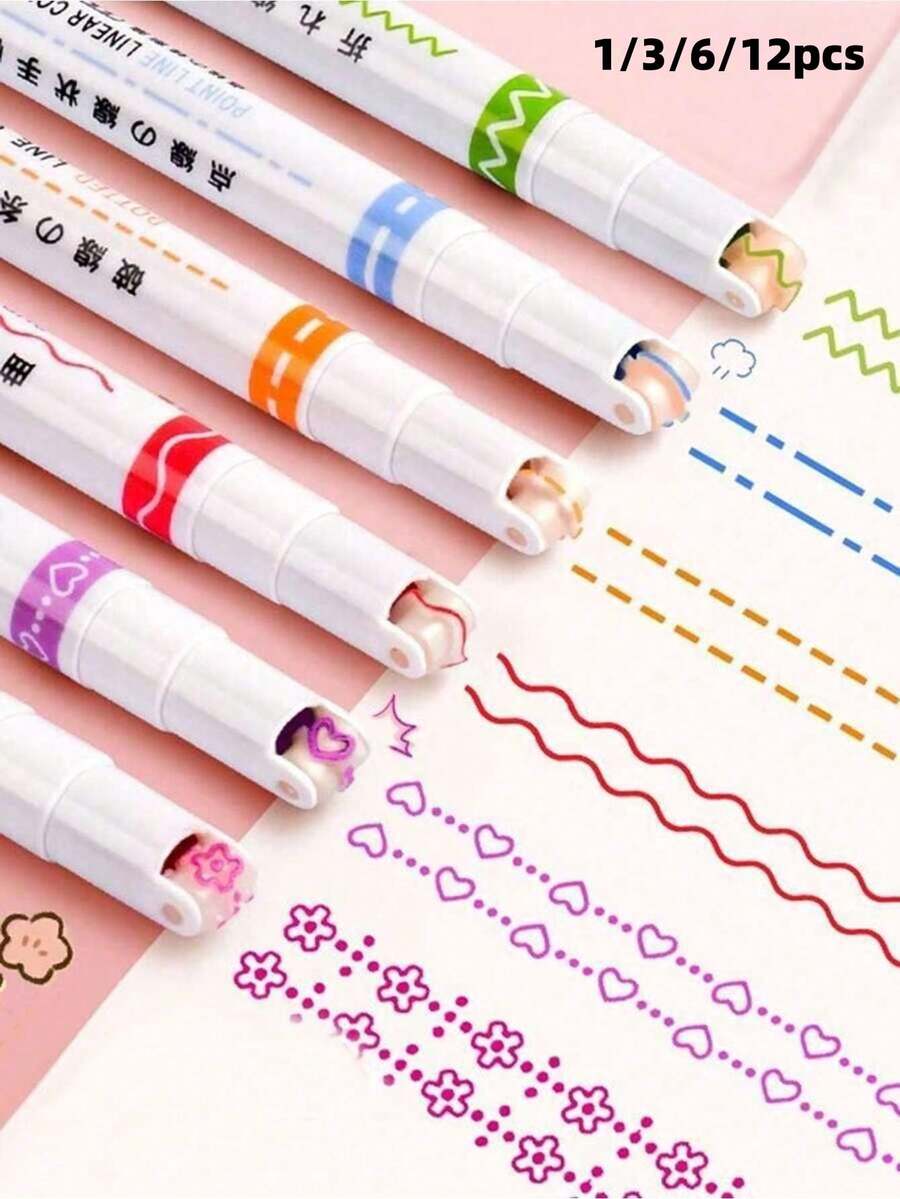 12/6/3/1pc Fluorescent Highlighter, Notebook Curve Pen, Ballpoint Flower Pen, Double-Ended Printing Outline Pen, Creative Wave Ball Pen, Back To School, Halloween Gift - Multiple Styles - View 1