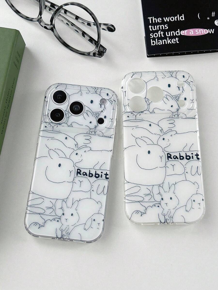 Ins Korean Style Simple Line Drawing Rabbit Phone Case Compatible With IPhone 17 Pro Max/17 Pro/17 Air/17/16 Pro Max/16 Pro/ 15 Pro/15 New 14 Pro/13/12/11 Full Coverage Protective Cover - White - View 1