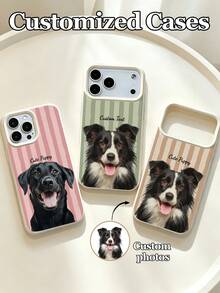 1pc Customizable Pet Photo And Name Phone Case, Striped Pattern Design, Compatible With 17 Pro Max 17 Air 16E 16 Pro Max 15 14 Plus 13 12 11 S24 20 Ultra A52S A31 A21S A13 A05S Note 13 Pro Plus Note 10 Note 12C Note 13C, TPU Material, DIY Personalized Pet Portrait Custom Photo Phone Case - White - View 1