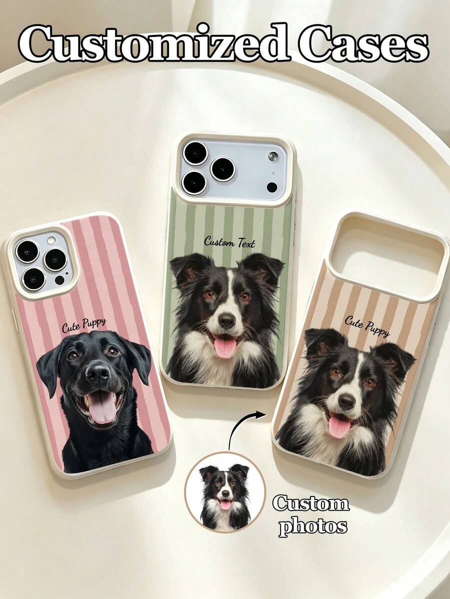 1pc Customizable Pet Photo And Name Phone Case, Striped Pattern Design, Compatible With 17 Pro Max 17 Air 16E 16 Pro Max 15 14 Plus 13 12 11 S24 20 Ultra A52S A31 A21S A13 A05S Note 13 Pro Plus Note 10 Note 12C Note 13C, TPU Material, DIY Personalized Pet Portrait Custom Photo Phone Case - White - View 1