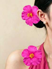 2件組女款玫瑰紅扶桑花熱帶花朵髮夾，適合夏季海灘度假旅行、日常配戴、假日派對髮飾 - 玫紅色 - 查看 3