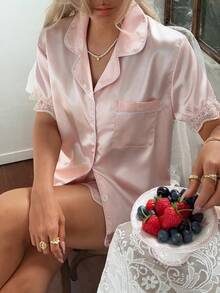 2pcs Women's Solid Color Satin Lace Trim Short Sleeve Collared Top And Bow Shorts Pajama Set - Pink - View 5