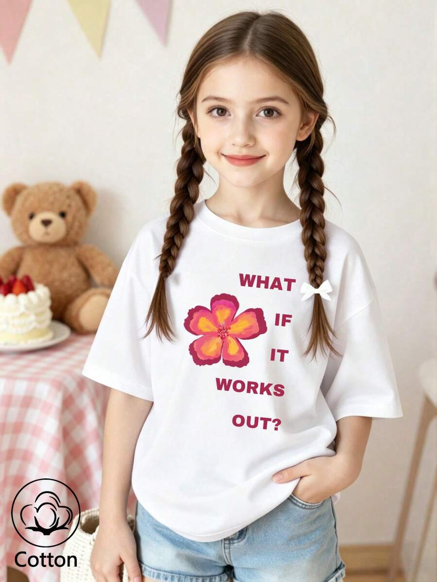 Summer & Autumn Girls' Cotton Short Sleeve T-Shirt, Cute Sweet Girly Preppy Style With Fun Printed Graphics - White - View 1