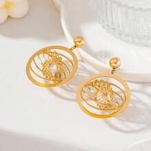 Gold Hollow Bird Nest Pearl Earrings | 3D Geometric Line Design | European And American Exaggerated Personalized Ear Jewelry - Gold - View 1