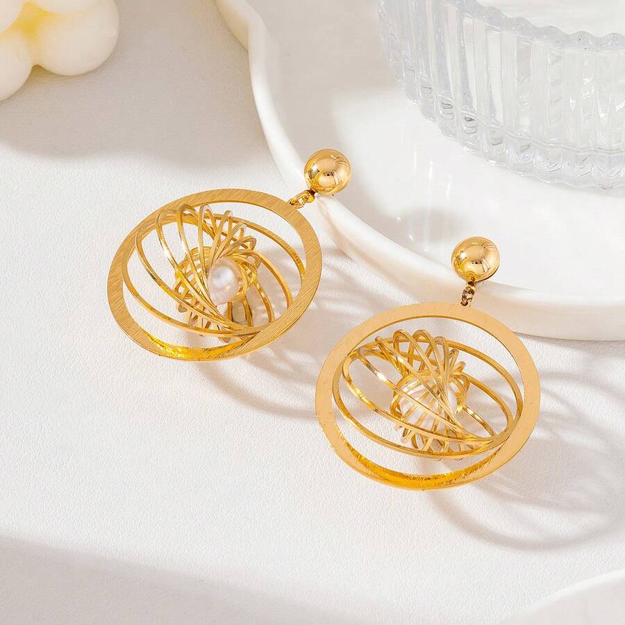 Gold Hollow Bird Nest Pearl Earrings | 3D Geometric Line Design | European And American Exaggerated Personalized Ear Jewelry - Gold - View 1