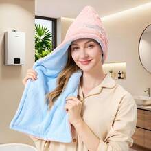 女性用二層二色コーラルベルベットドライヘアキャップ 50x80cm 超吸水速乾ヘアタオル 旅行・家庭用 厚手ドライヘアキャップ - ブルー&ピンク - チェックする 4