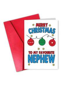 1張附信封聖誕卡「Merry Christmas To My Favourite Nephew」亮眼字體節慶卡，送給姪子/外甥與家人的節日禮物，內頁空白 - A - 查看 8