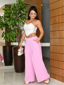 Calça Pantalona Feminina  Poliéster    Bolso    Duna  viagem    Primavera/Verão - Rosa chiclete - Visão 2
