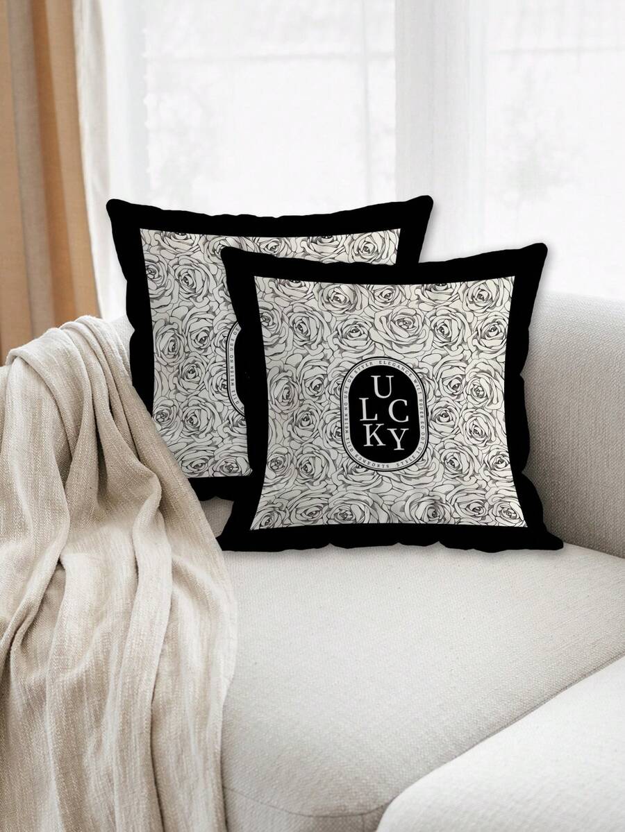 2Pcs Black Throw Pillow Covers Line Drawing Rose Luxury English Border Print Soft Plush Texture Cushion Covers Suitable For Home Decor, Sofa, Bed, Bedroom, Gift, Holiday Decoration - Black and White - View 1