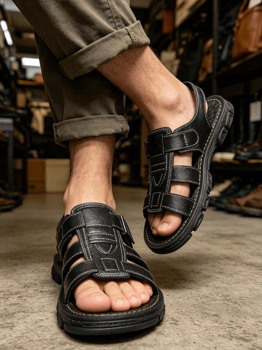 Men's Sports Sandals Outdoor Beach Shoes Plus Size Couple Style Summer Roman Style PU Material Shoes - Black - View 1