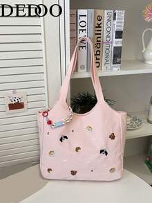 Dedoo 帆布托特包，卡通刺繡，彩色繩飾，大容量，校園背包，大學校園，休閒韓系學生單肩包 - 粉色 - 查看 3