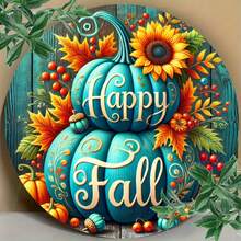 Cheerful Autumn Pumpkin And Sunflower Design, 8x8 Inch Round Iron Wall Decor, Flat Printed Metal Sign, Suitable For Bar, Cafe, Club, Kitchen - Autumn Harvest Theme Iron Wall Hanging Decorative Sign (Random Hole Position) - A - View 5