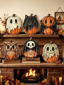 6er Set Vintage Halloween Innenraum Dekoration, Herbst Dekoration, Vintage Holzblock Bücherregal Dekoration, Geist, schwarze Katze, Kürbis, Skelett, Hexe, Eule, Zombie, Vampir, Landhausstil Kamin Kaminsims Herbst Heimdekoration - Ornamente - Übersicht 16