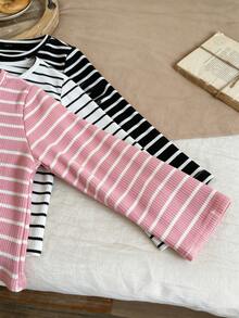 Girls 3PS Striped Long Sleeve T-Shirt, Round Neck Soft Basic Top, Casual Striped Base Layer Shirt - Multicolor - View 6