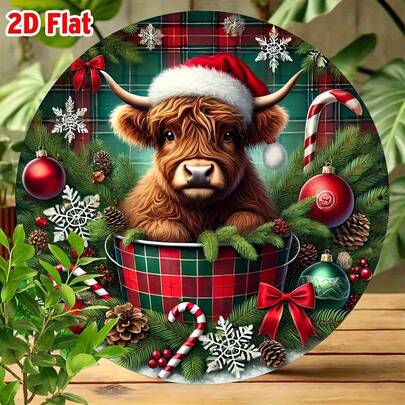 2D Flat Highland Cow Christmas Theme Round Sign, 1pc Rustic Metal Door Hanging Decor Plaque, Suitable For Home, Room, Farmhouse, Street, Shop, Garage, Garden, Cafe, No Electricity Required Holiday Decoration (Random Hole Position)