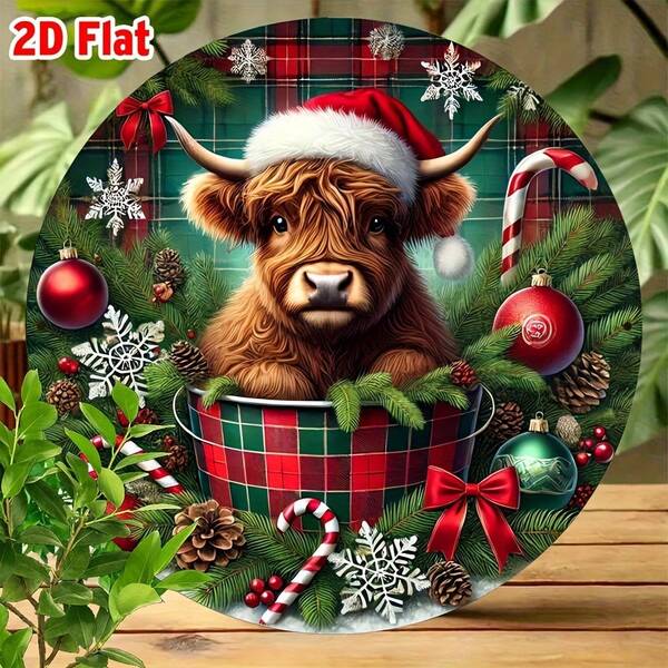 2D Flat Highland Cow Christmas Theme Round Sign, 1pc Rustic Metal Door Hanging Decor Plaque, Suitable For Home, Room, Farmhouse, Street, Shop, Garage, Garden, Cafe, No Electricity Required Holiday Decoration (Random Hole Position)