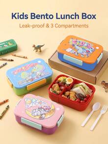 Cartoon Dinosaur Space Theme 3-Compartment Leak-Proof Bento Box, Portable Sealed Divided Lunch Box With Spoon And Fork, Food Storage Container For Students, Outdoor Picnic And Daily Office Use - Multicolor - View 1