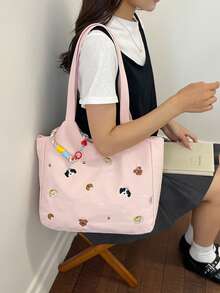 Dedoo 帆布托特包，卡通刺繡，彩色繩飾，大容量，校園背包，大學校園，休閒韓系學生單肩包 - 粉色 - 查看 8