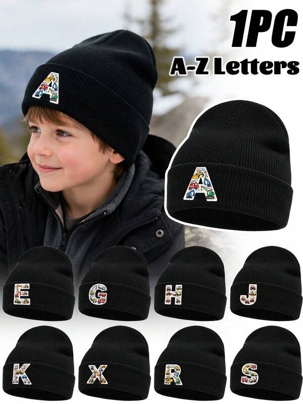 1PC Kids Cartoon Construction Vehicle A-Z Letter Print Black Knit Beanie, Warm And Comfortable Pullover Hat, Suitable For Children's Autumn/Winter Daily Wear, Outdoor Outings, Winter Hat, Can Be Given As A Gift