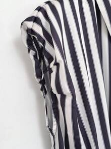 Summer Striped Pleated Patchwork Waist Belt Dress Elegant - Black and White - View 5