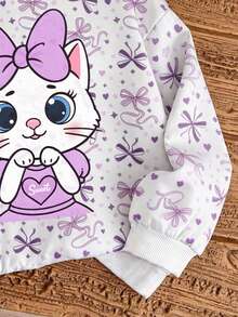 Girls Cute Purple Bow Digital Print Pullover Sweatshirt, Long Sleeve Pullover Sweatshirt With Cat Pattern, Suitable For Autumn/Winter Daily Wear - Multicolor - View 6