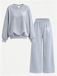 2pcs/Set Girls Minimalist Casual Heart Print Crew Neck Sweatshirt & Pants Set, Autumn/Winter Fashion Comfortable Style - Grey - View 1