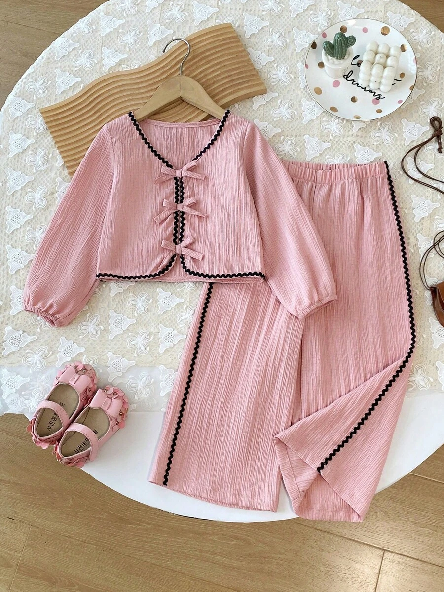 Girls' New Fashion Lace Black Trim Bow Long Sleeve Top And Wide Leg Pants 2 Pieces Set, Autumn - Pink - View 1