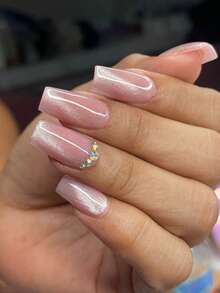 Change Your Nails With 24pcs/Set Elegant Cat Eye Effect Pink Multicolor Rhinestone Effect Medium Length Square Press-On Nails, With Nail Art Tools, Perfect For Girls And Women Daily Wear, Parties, Gatherings, Luxury High-End Nail Art - Baby Pink - View 1