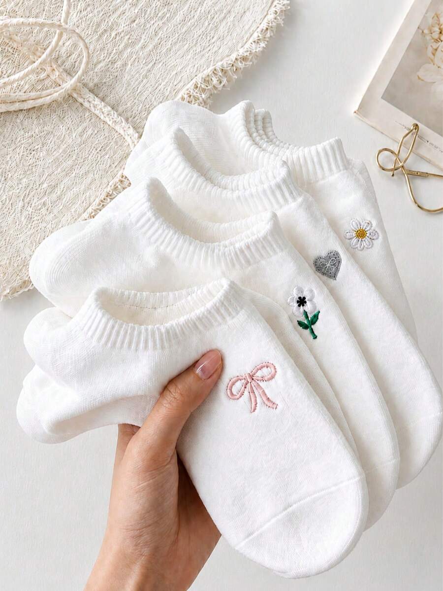 5雙隨機(無刺繡)白色卡通船襪,透氣舒適,適合四季穿著,隨機配色 - 彩色 - 查看 1