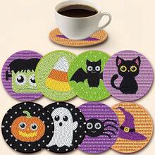 8pcs Diamond Painting Set, Cartoon Halloween Theme Coaster Set, Shiny Diamond Art Wooden Mosaic Craft Kit, Suitable For Beginners And Adults, Ideal For Holidays And Parties, 3.9x3.9 Inches - View 7