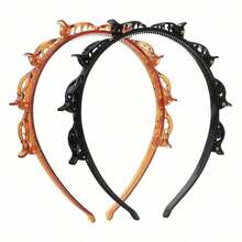 2/1pc Vintage Black & Amber Multi-Clip Braided Headband, Non-Slip Hair Styling Hair Tie, Women & Girls Daily Casual Hair Accessory, Halloween Retro Wavy Headband, Tortoiseshell & Black - Multicolor - View 2