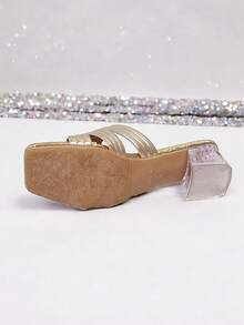 1 Pair Women Champagne Heart Rhinestone Slide Sandals, Slip On Daily Party Dress Footwear - Gold - View 7
