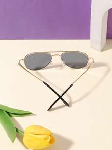 1 PC Boys Girls 6-9Y,Gold Metal Double Bridge Aviator Frame,Metal Material,Classic Vintage Eyewear,Summer Outdoor Daily Matching - Multicolor - View 6