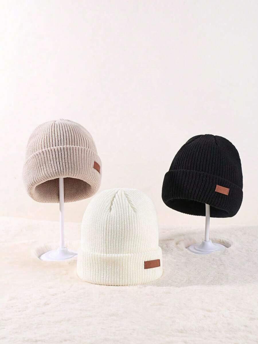 1/3pcs Unisex Leather Patch Winter Multi-Color Versatile Knit Beanie With Rolled Edge, Ear Protection Minimalist Small Logo Knit Hat, Men's Outdoor Autumn Apparel, Designed For Young People, Ideal For Outdoor Activities, Christmas, Thanksgiving, Vintage Parties And Streetwear, Perfect Gift For Friends And Birthday Present - Leather Label Style - View 1