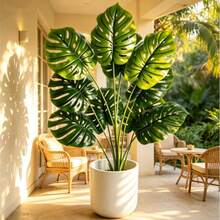 2pcs Large Artificial Palm Plants, 35 Inch Large Faux Banana Tree, Monstera And Fan Palm Tropical Plants Decor, Includes 24 Leaves, Evergreen, Suitable For All Seasons Artificial Potted Plants, Pot Not Included - Green - View 2