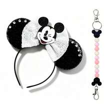 2pcs Disney Shiny Mickey Mouse Ear Headband With Storage Lanyard And White Sequin Bow - R - View 7