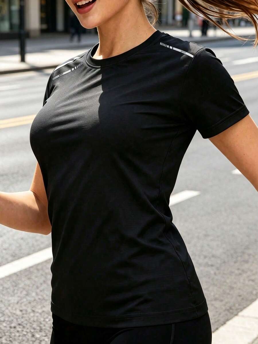 女款夏季快乾短袖運動T恤,透氣吸濕,圓領修身瑜伽跑步健身上衣 - 黑色 - 查看 1