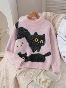Sweater Rajut Pullover Bulu Imitasi Motif Kucing Lucu untuk Anak Perempuan, Cocok untuk Pakaian Kasual Sehari-hari di Musim Semi, Gugur, dan Dingin - Berwarna merah muda - View 3