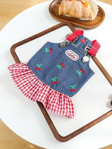 PETCIRCLE 1件寵物衣服 小狗幼犬貓用 可愛甜美風刺繡櫻桃圖案無袖背心裙 - 彩色 - 查看 3