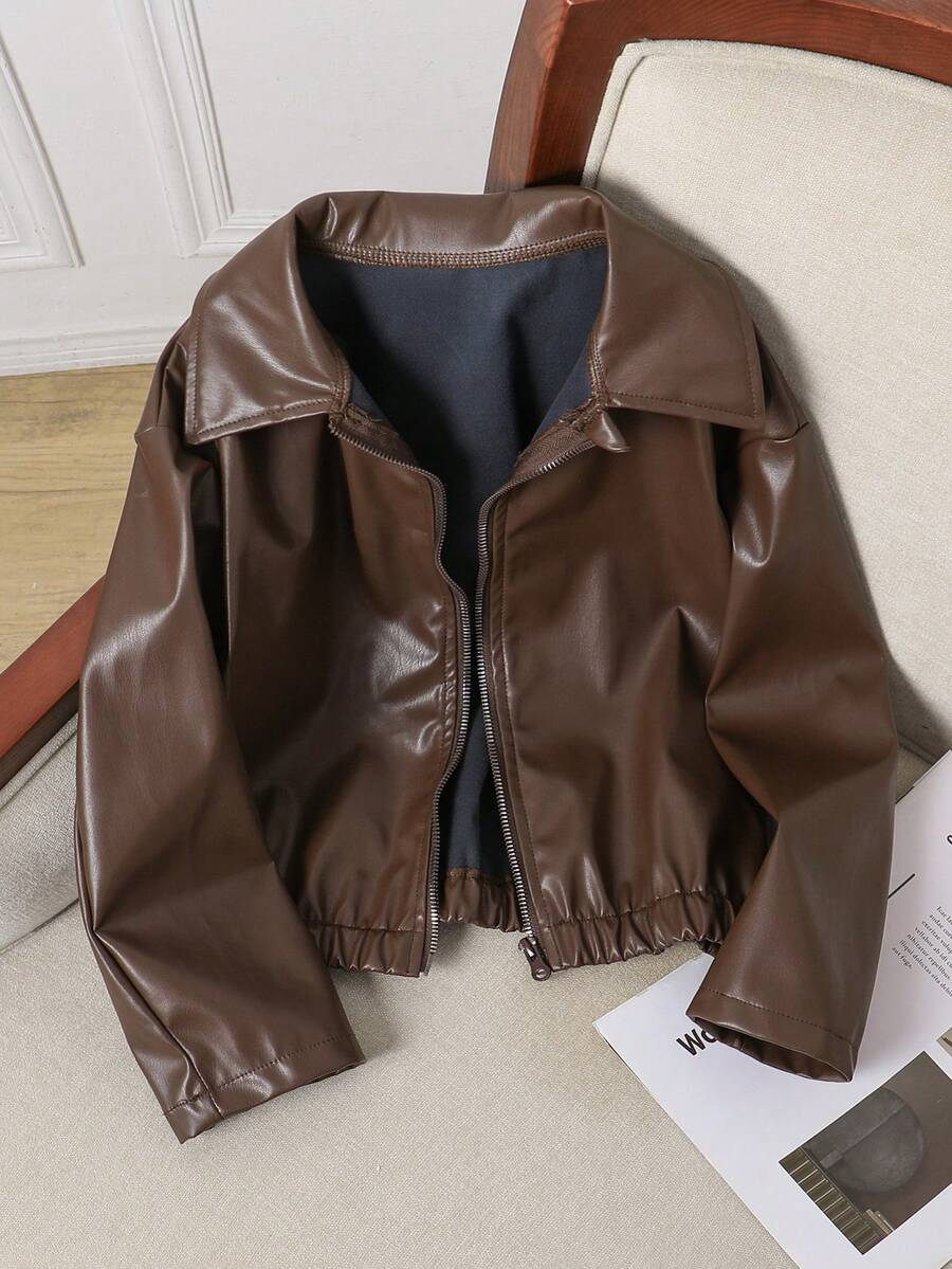 Tween Girl Spring/Autumn New Fashion Solid Color Zipper Lapel Long Sleeve Brown PU Leather Jacket Short Top - Brown - View 1