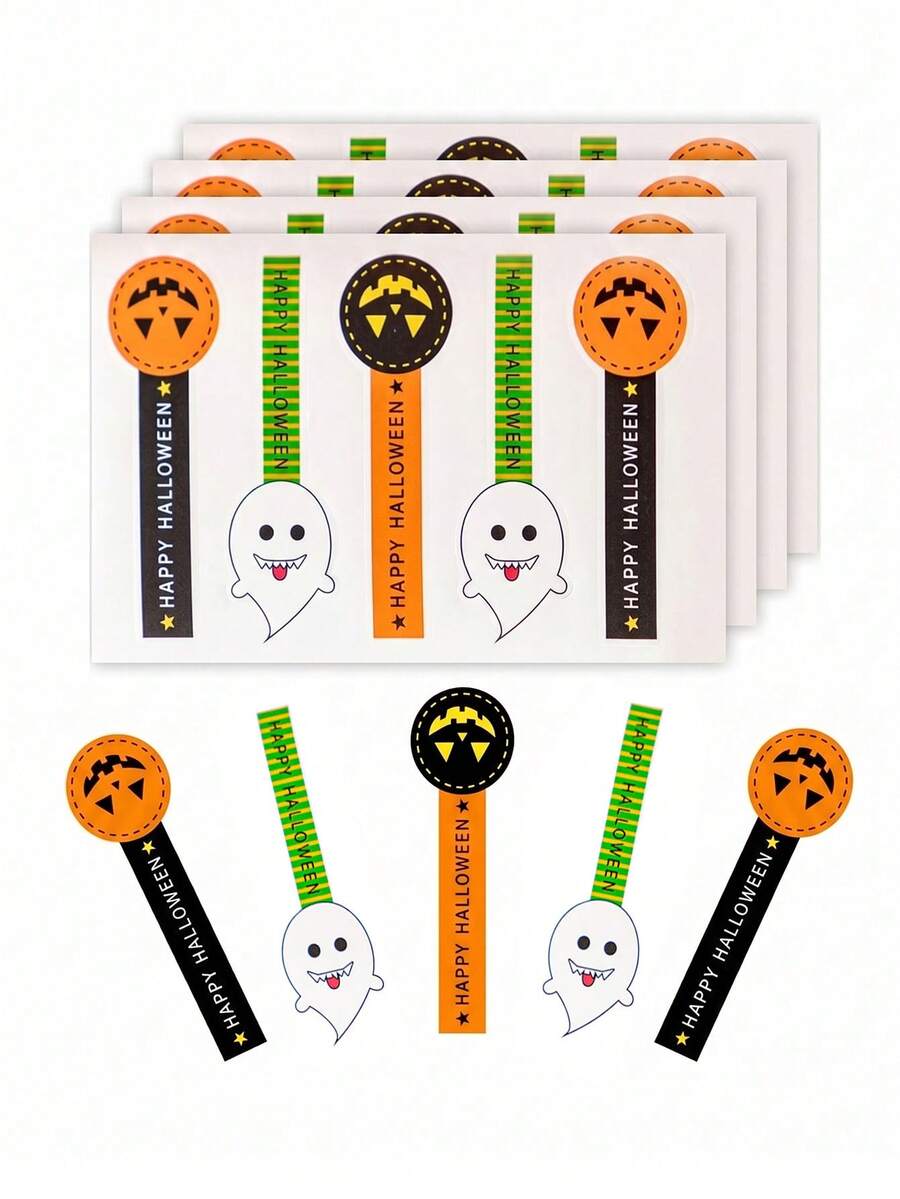 100pcs Halloween Pumpkin Long Label Sticker, Cute Pumpkin Patterns For Envelopes, Lollipop Baking Stickers, Cookie Packaging Baking Sticker, Suitable For Halloween Party Favors, Seasonal Crafts, Festive Designs, Smooth Texture - Halloween - View 1