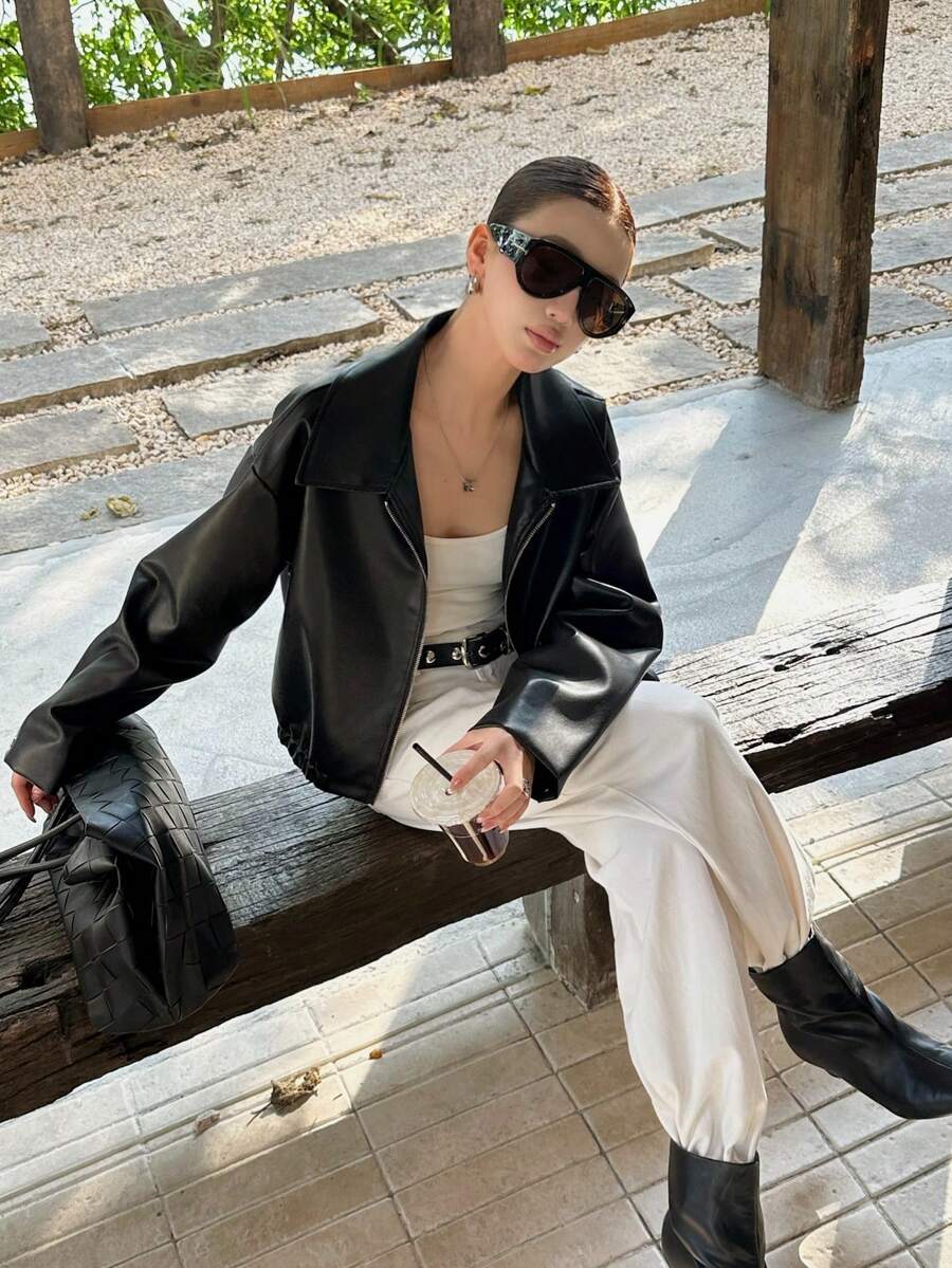Women's Black Leather Jacket Autumn, Lapel Zipper Aviator PU Jacket, Commute Minimalist Style, Suitable For Autumn/Winter Wear