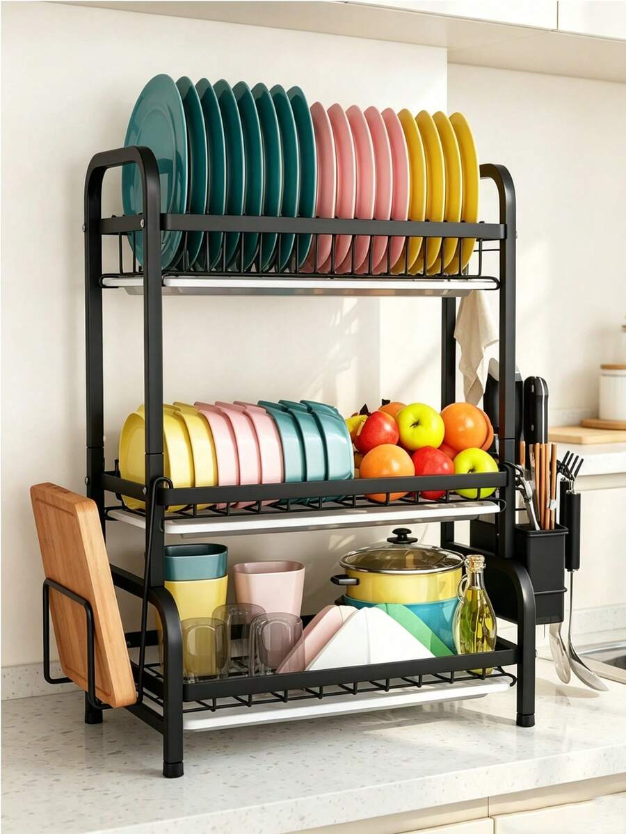1 Set 3-Tier Large Capacity Kitchen Storage Rack, One-Stop Storage For Tableware And Cookware, Tidy And Practical, Multi-Functional Carbon Steel Storage Rack, Store Pots, Bowls, And Pans, Keep Your Kitchen Organized - Black - View 1