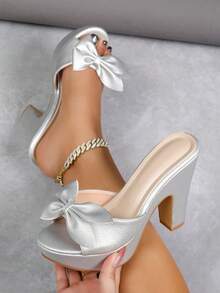 Women Bow Decor Metallic Platform Mules, Open Toe Slip-On Chunky Block High Heel Slide Sandals, Elegant Club Wedding Evening Heels - Silver - View 1