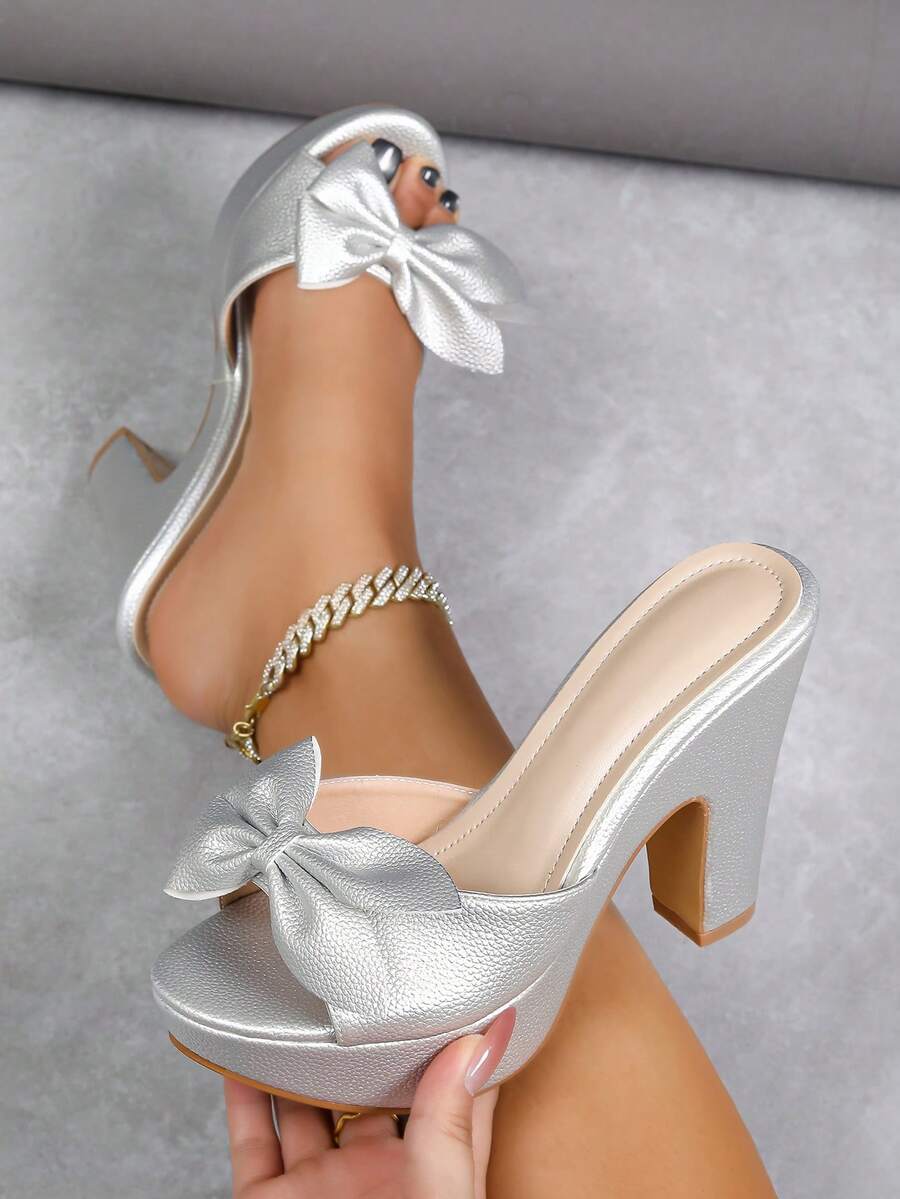 Women Bow Decor Metallic Platform Mules, Open Toe Slip-On Chunky Block High Heel Slide Sandals, Elegant Club Wedding Evening Heels - Silver - View 1