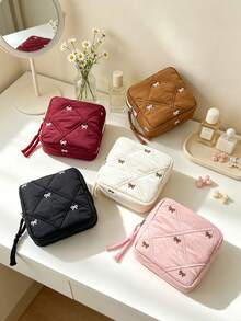 Black Quilted White Bow Embroidery Cosmetic Bag For Women Multi-Size Zipper Makeup Organizer Pouches With Handheld Case Travel Toiletry Storage Bags - Black - View 10